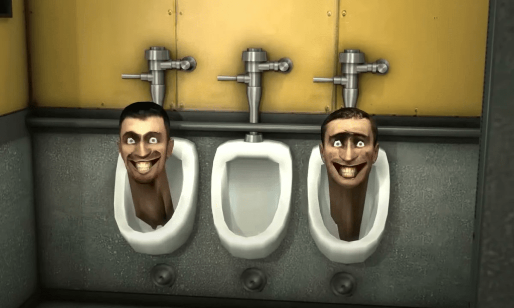 Heads emerging from a urinal in a *Skibidi Toilet* scene, image shared by ShiinaBR on Twitter