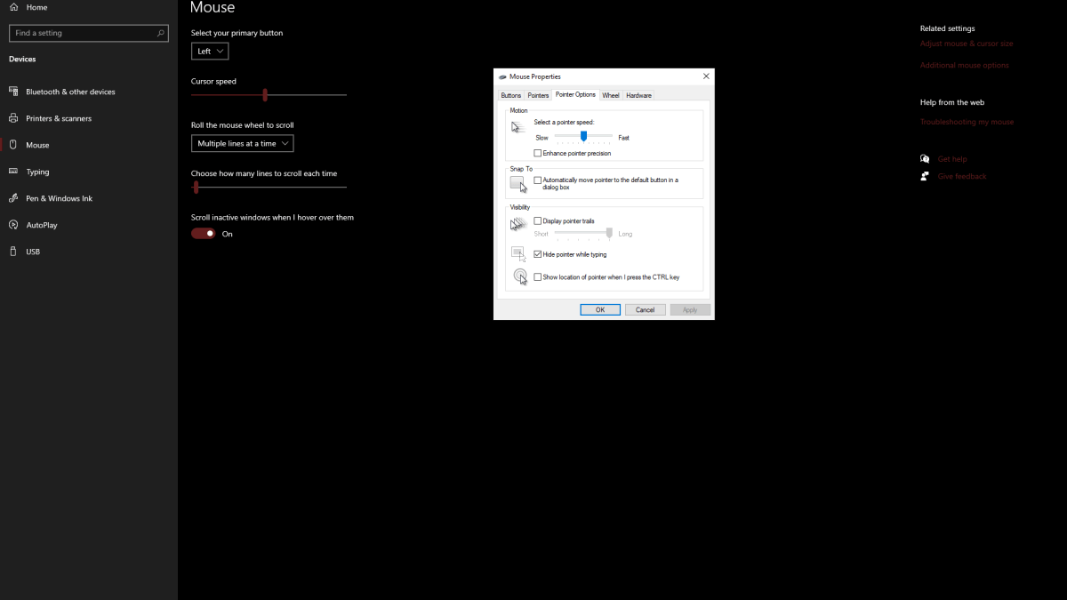 Screenshot delle impostazioni del mouse in Windows