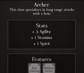 A character creation screen for the Archer in Rune Slayer