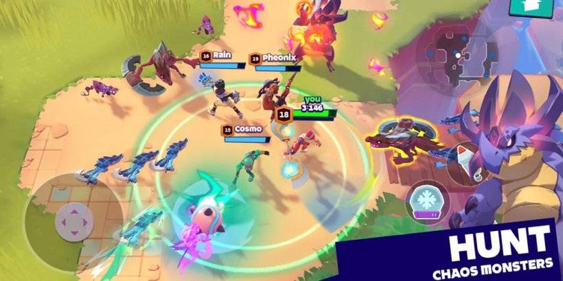 ภาพหน้าจอของการเล่นเกม mo.co แสดงพันปีที่มีสีสันต่อสู้กับสัตว์ประหลาด