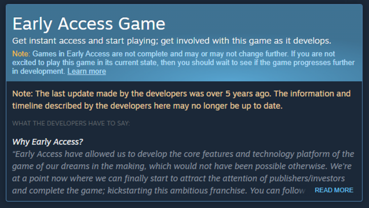 Image highlighting the new warning for abandoned Early Access games