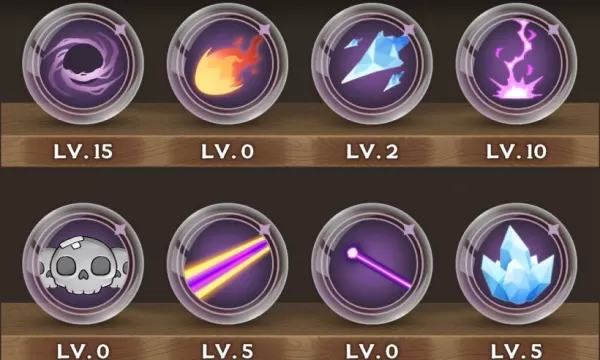 verschiedene Fähigkeiten in Orbs, die auf Regalen mit ihren Levels darunter ausgelegt sind