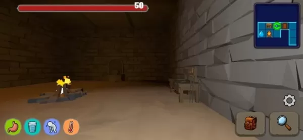 A first-person view of a shadowy dungeon, with health, hunger, and thirst bars displayed