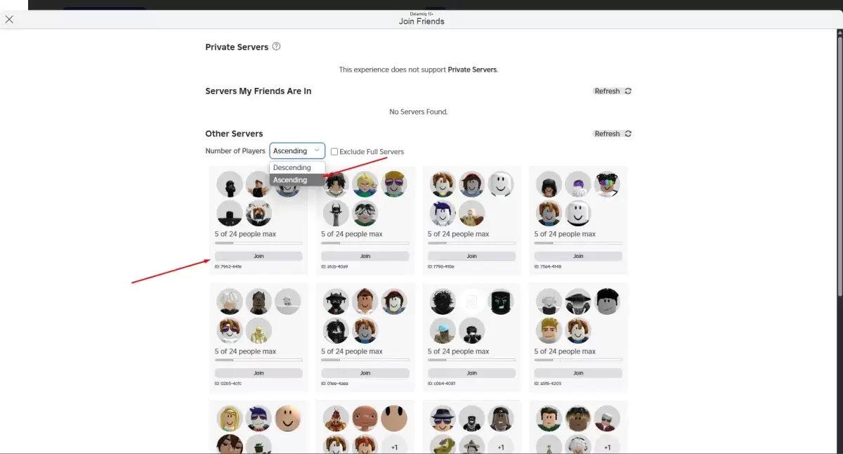 Menu wyboru serwera Roblox Blockspin