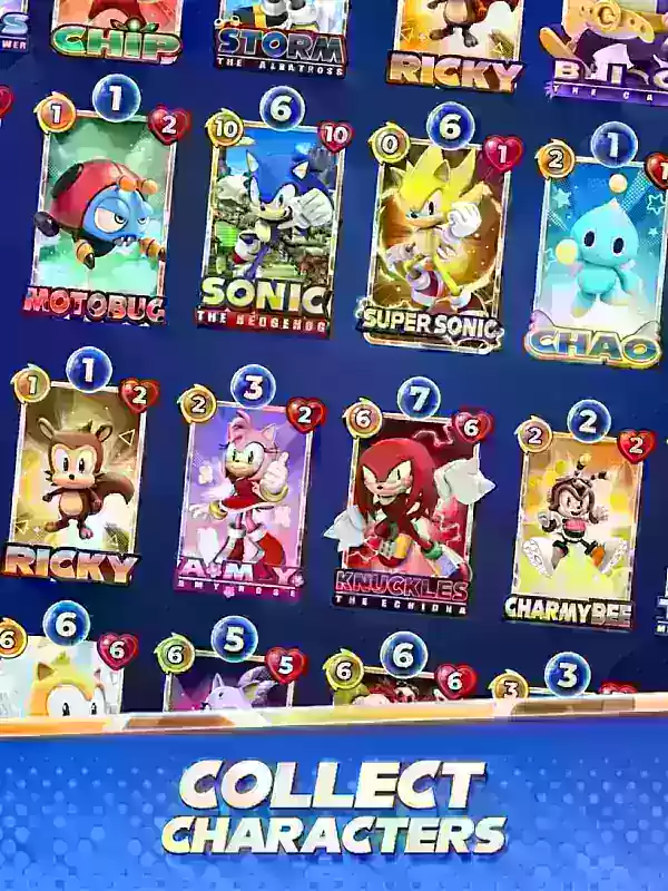 Eine Auswahl an Karten aus Sonic Blitz auf einem großen Screenshot, die Charaktere wie Sonic und Amy zeigt