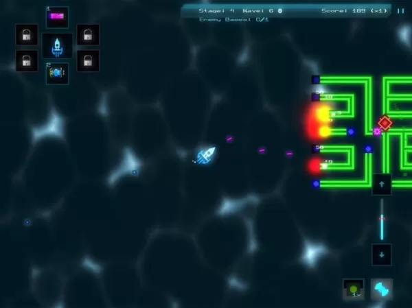 Uma captura de tela do Alien Core in Action mostrando um navio brilhante que explode uma série de tubos verdes