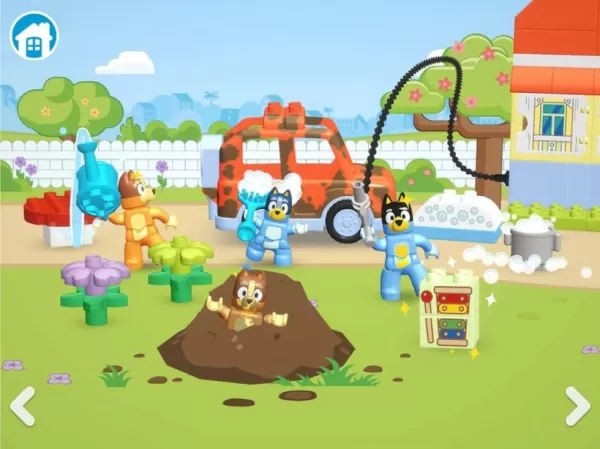Jogo móvel Lego Bluey com personagens de cães coloridos construídos com peças brincando juntos