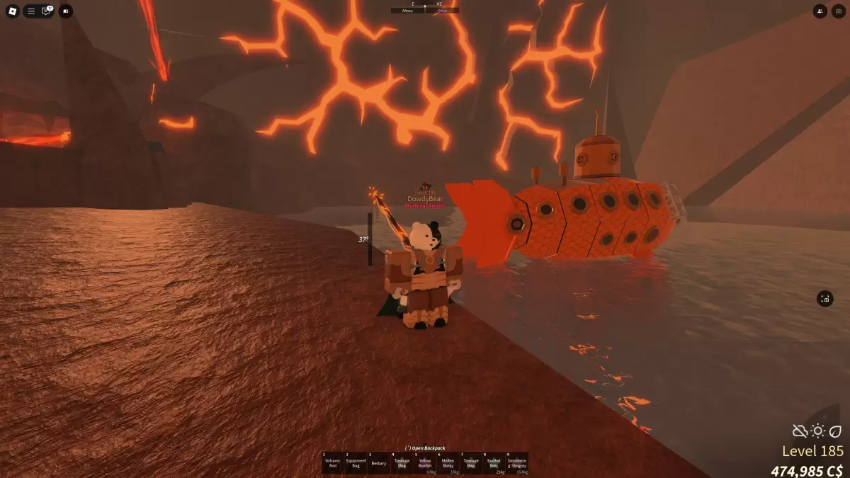 An image showing a player with the Glimmerfin Suit and their submarine.